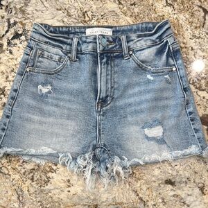 Blue Distressed Jean Shorts with Frayed Hem